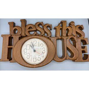 Vtg Burwood 80s‎ Wall Clock Faux Wood "Bless This House" Quartz Movement
